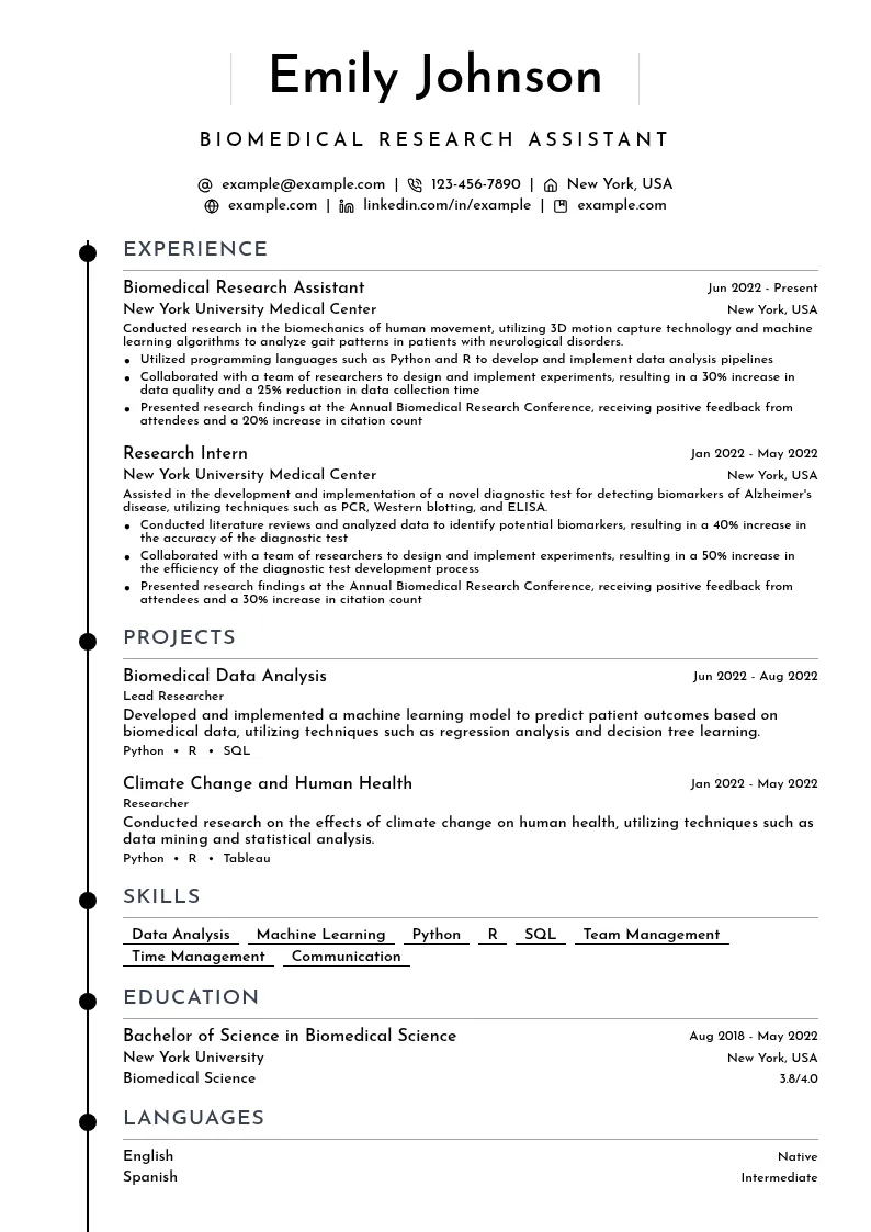 Biomedical Research Assistant resume example