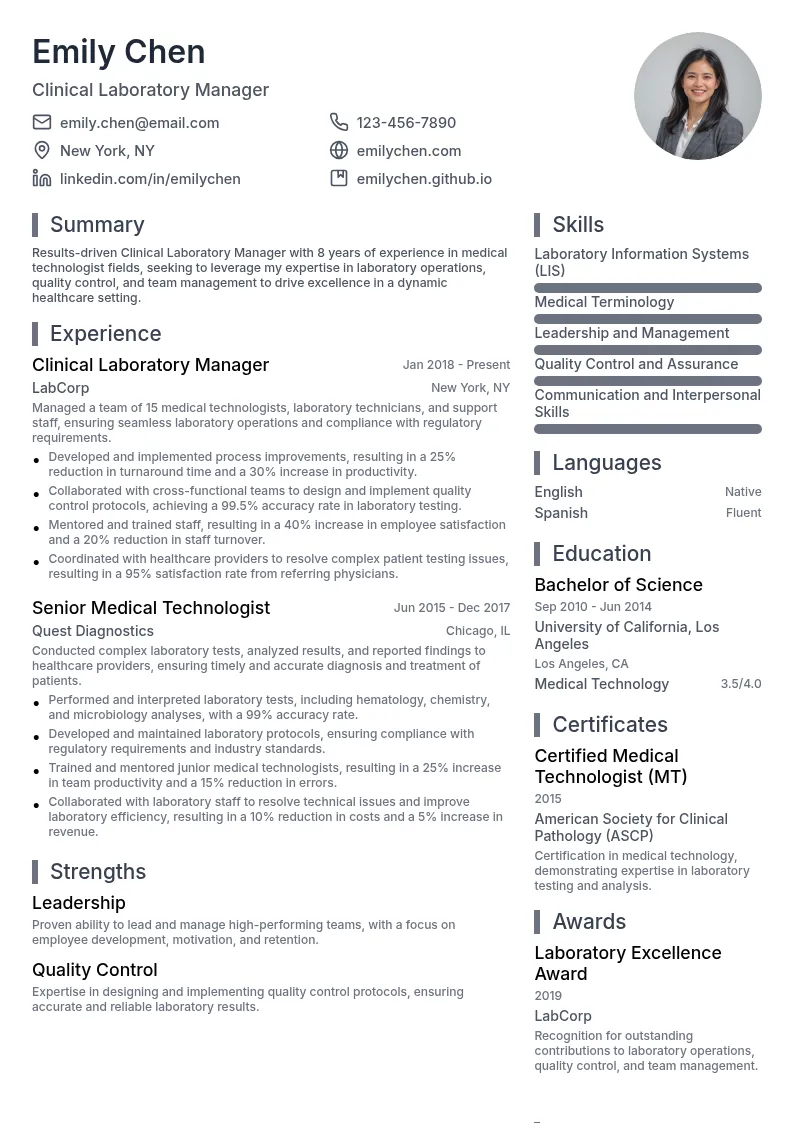 Clinical Laboratory Manager resume example