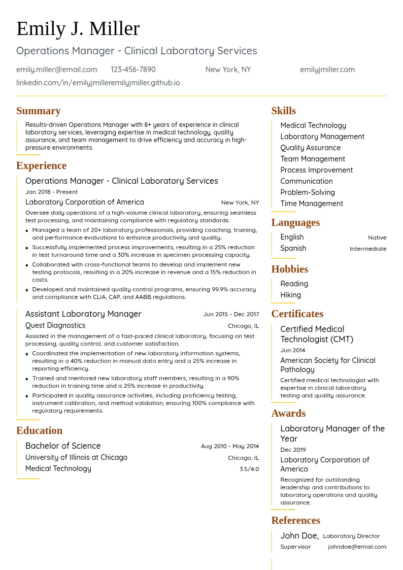 Operations Manager - Clinical Laboratory Services resume example