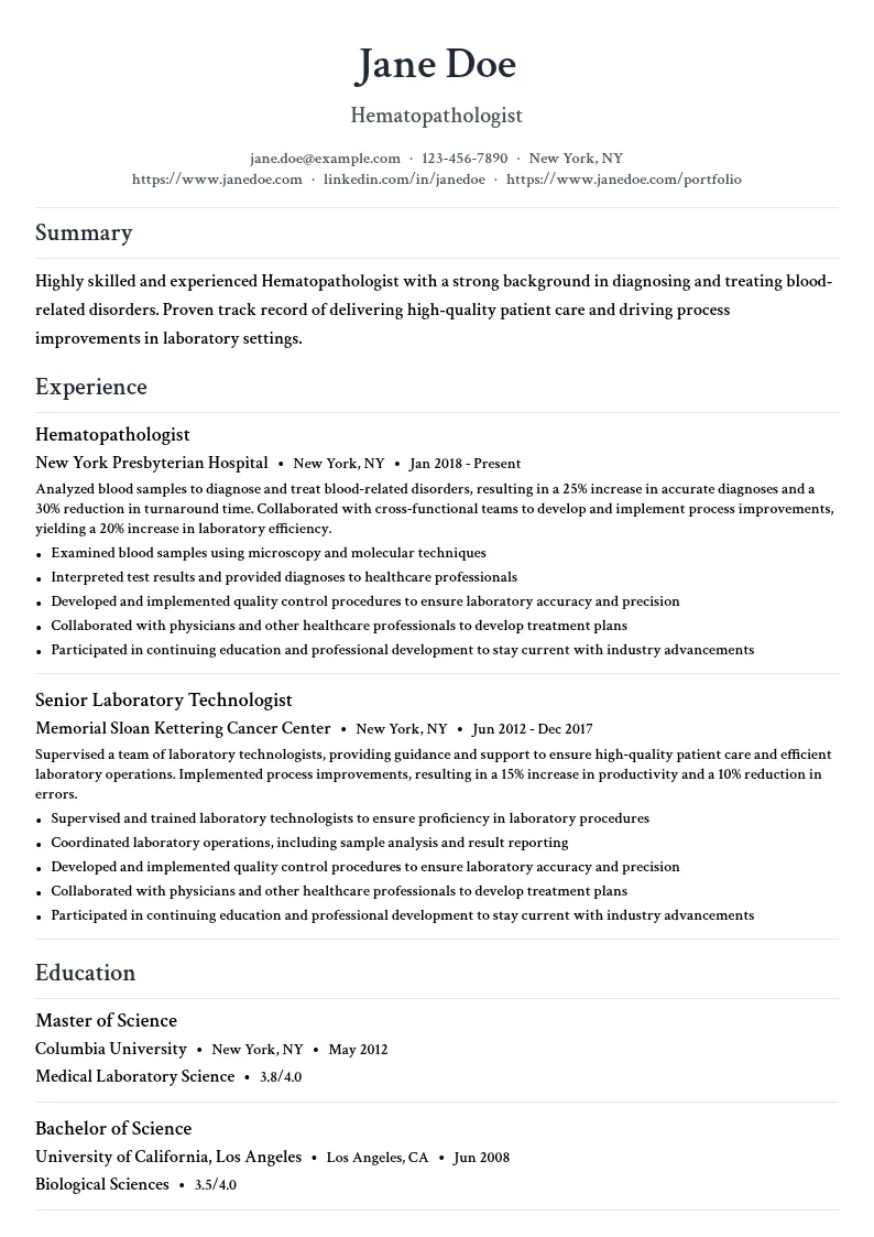 Hematopathologist resume example