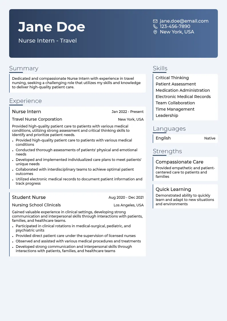 Nurse Intern - Travel resume example