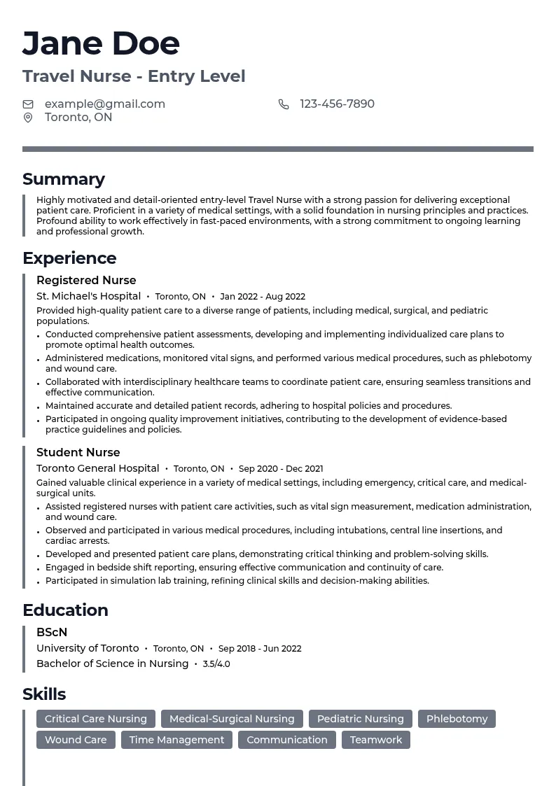 Travel Nurse - Entry Level resume example