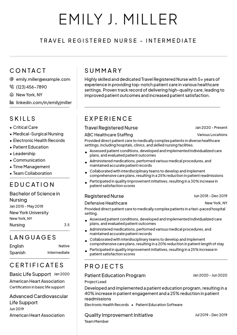 Travel Registered Nurse - Intermediate resume example