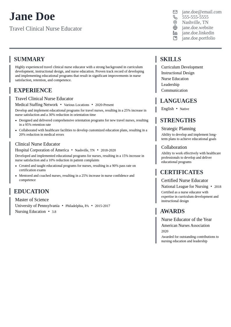 Travel Clinical Nurse Educator resume example