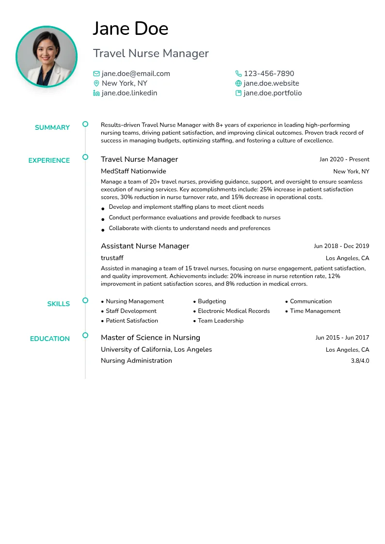 Travel Nurse Manager resume example