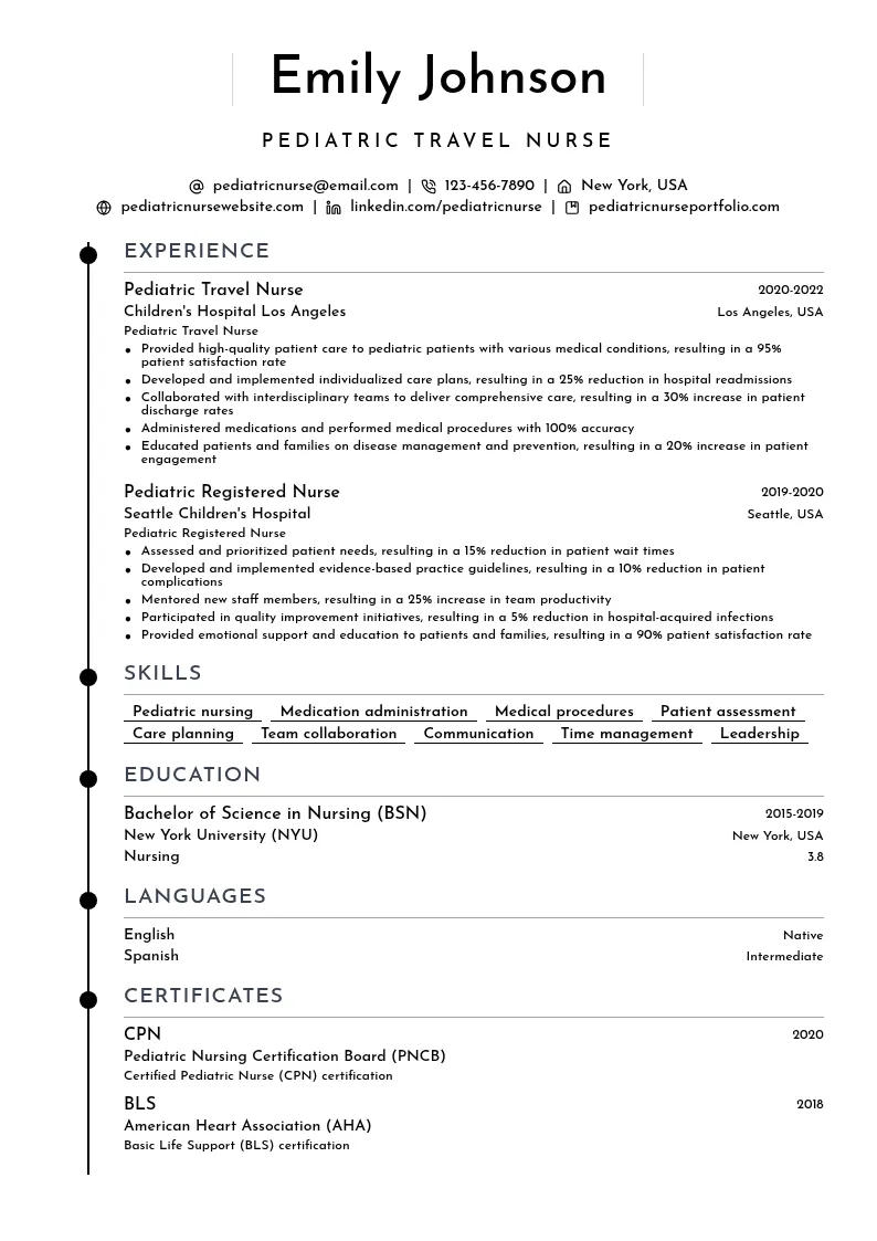 Pediatric Travel Nurse resume example
