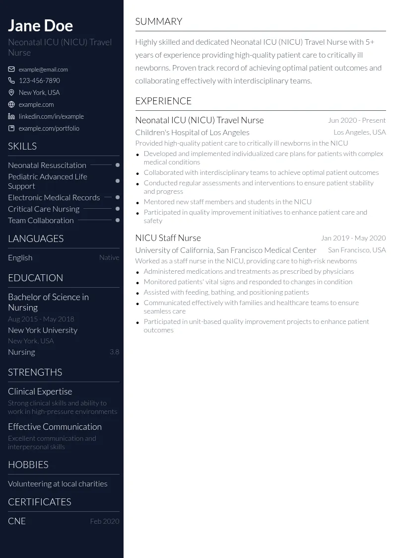 Neonatal ICU (NICU) Travel Nurse resume example