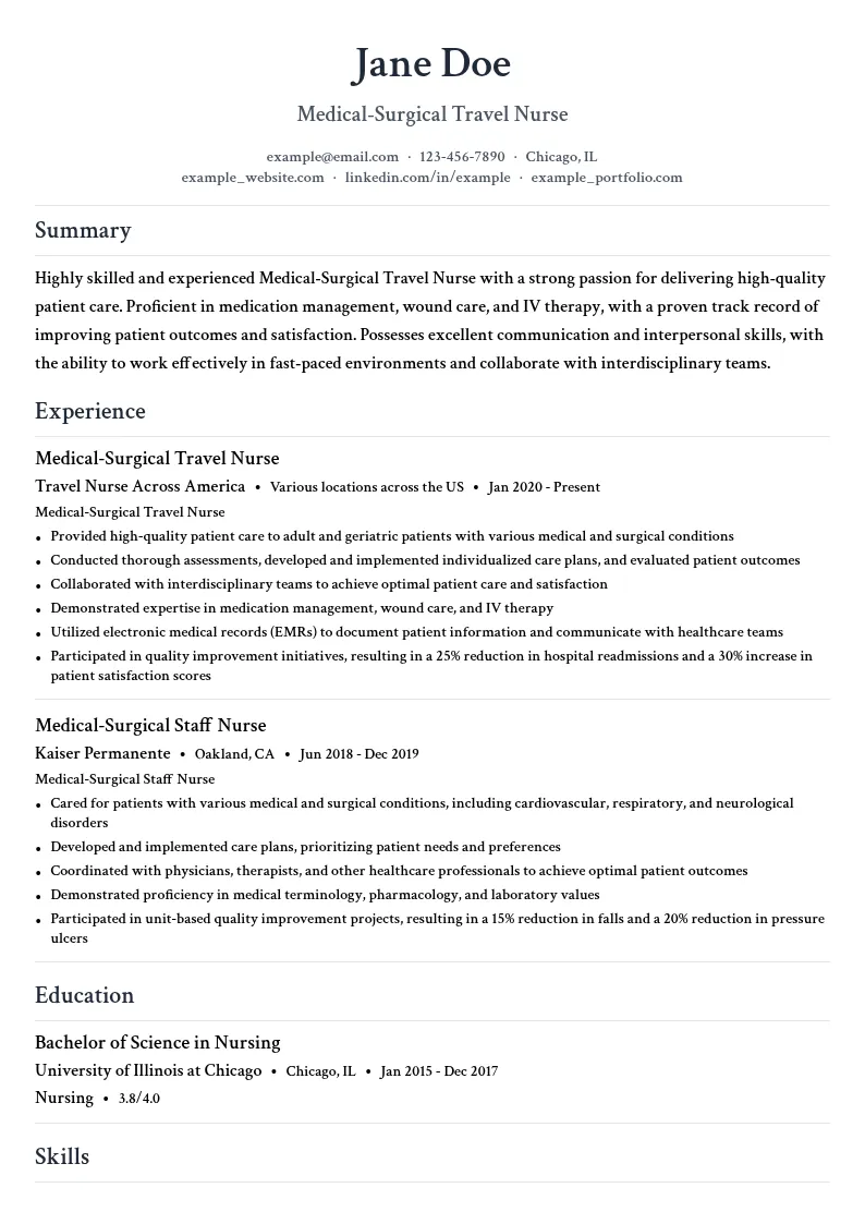Medical-Surgical Travel Nurse resume example