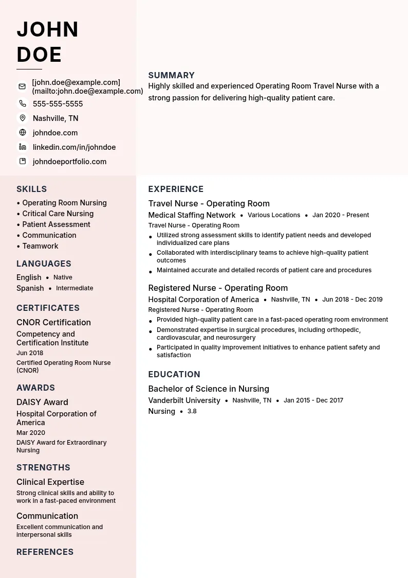 Operating Room (OR) Travel Nurse resume example