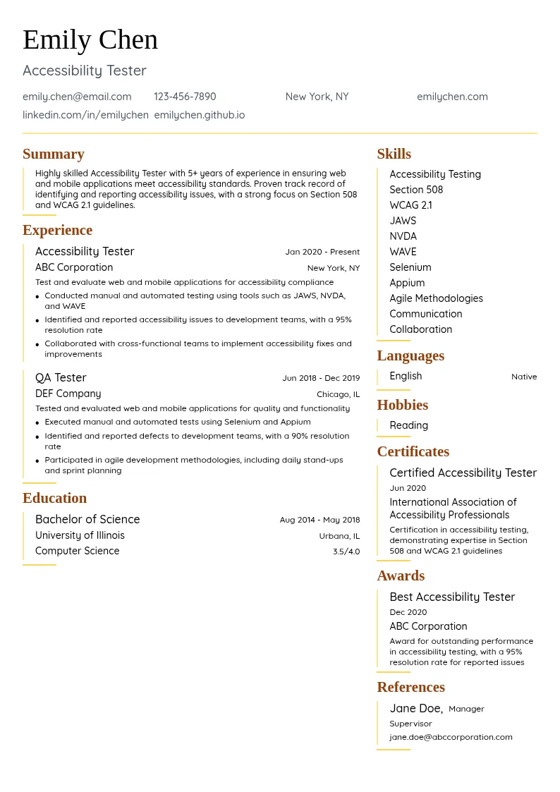 Accessibility Tester resume example