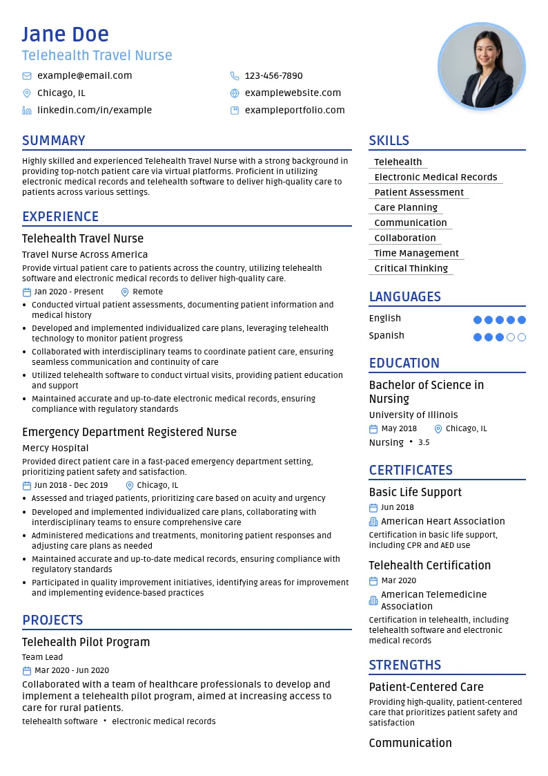 Telehealth Travel Nurse resume example