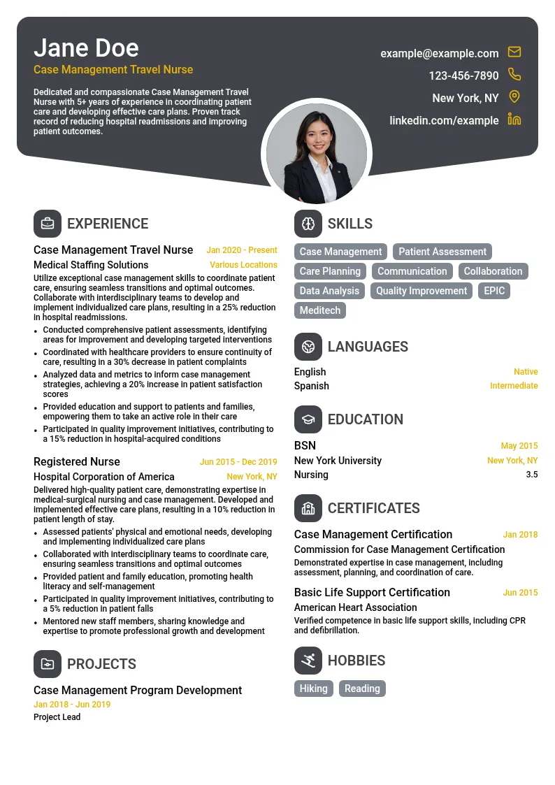 Case Management Travel Nurse resume example
