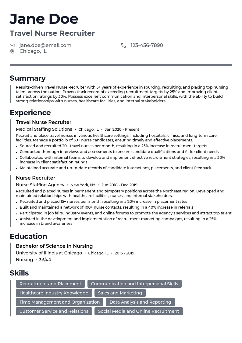Travel Nurse Recruiter resume example