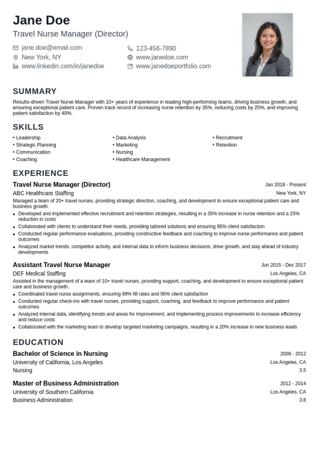 Travel Nurse Manager (Director) resume example