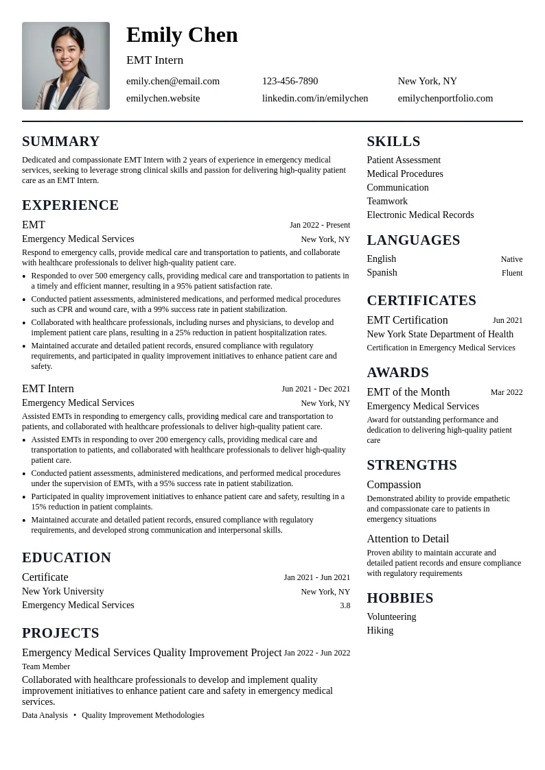 EMT Intern resume example