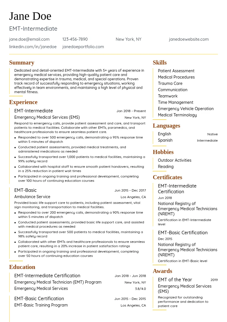 EMT-Intermediate resume example