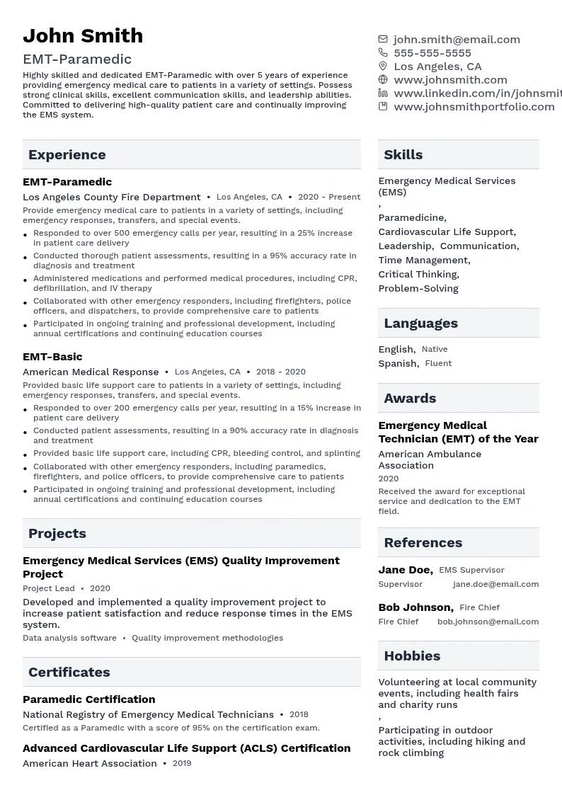 EMT-Paramedic resume example