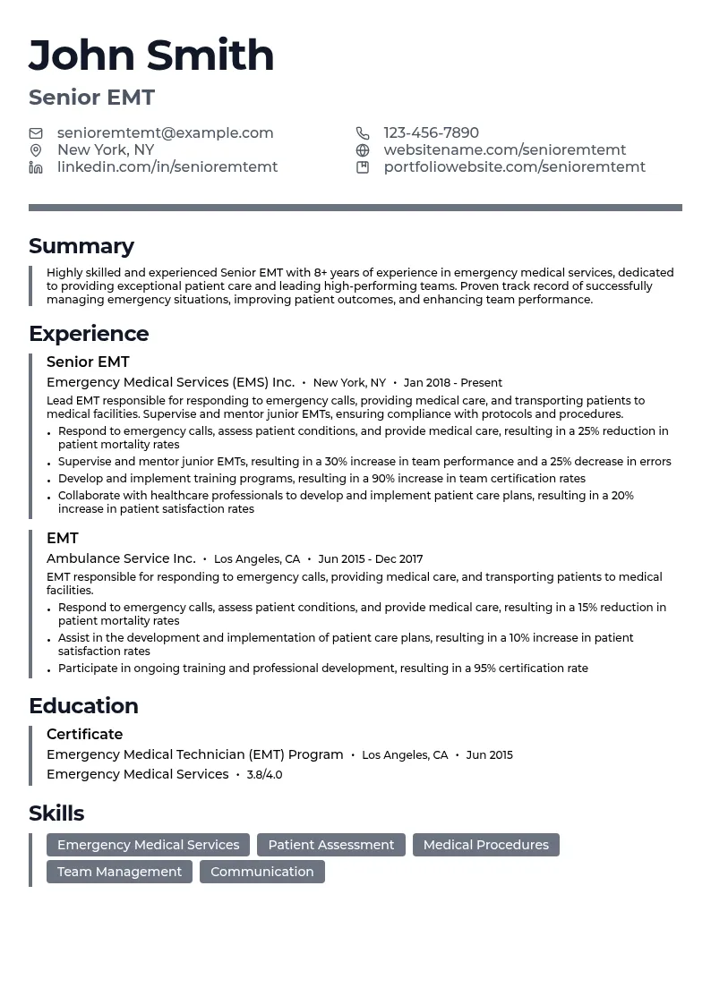 Senior EMT resume example