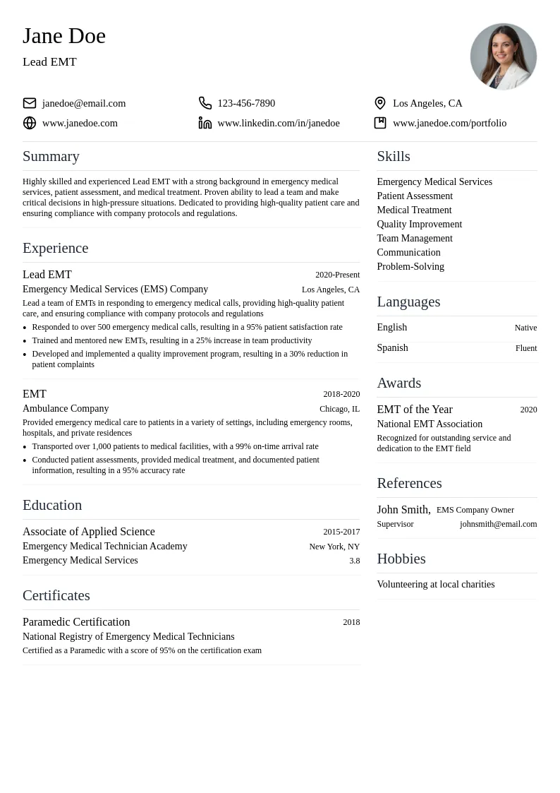 Lead EMT resume example