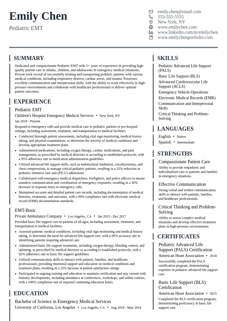 Pediatric EMT resume example