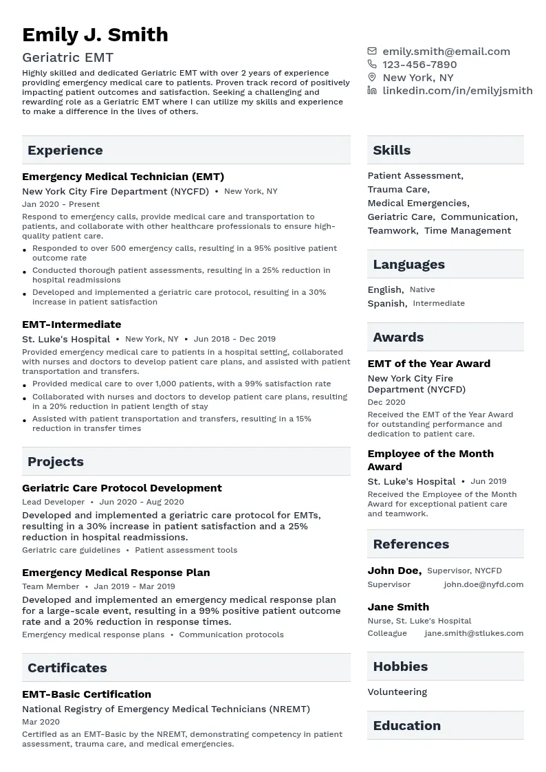 Geriatric EMT resume example