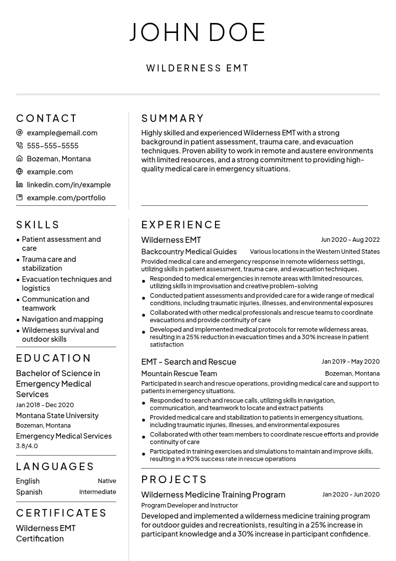 Wilderness EMT resume example