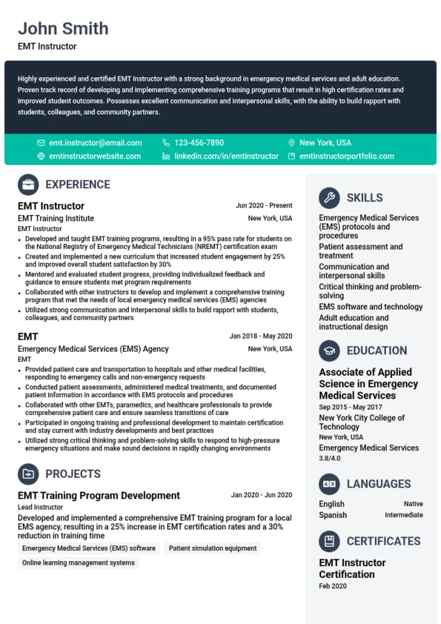 EMT Instructor resume example