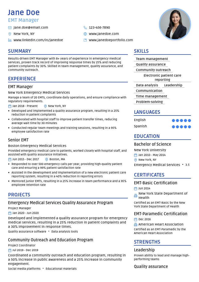 EMT Manager resume example