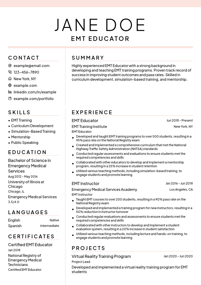 EMT Educator resume example