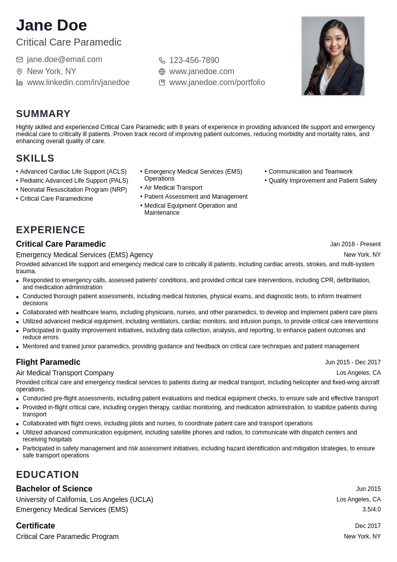 Critical Care Paramedic resume example