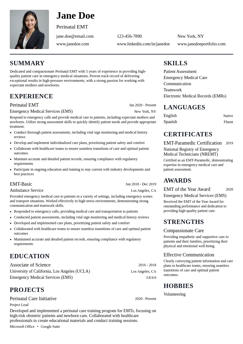 Perinatal EMT resume example