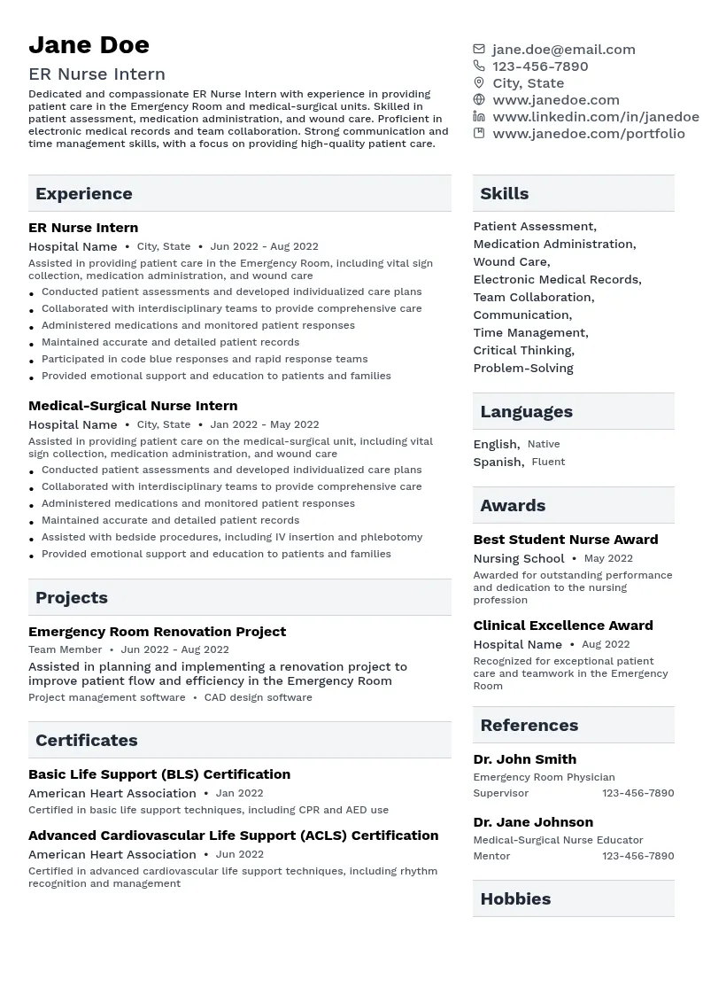 ER Nurse Intern resume example