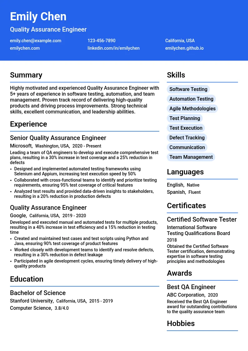 Quality Assurance Engineer resume example