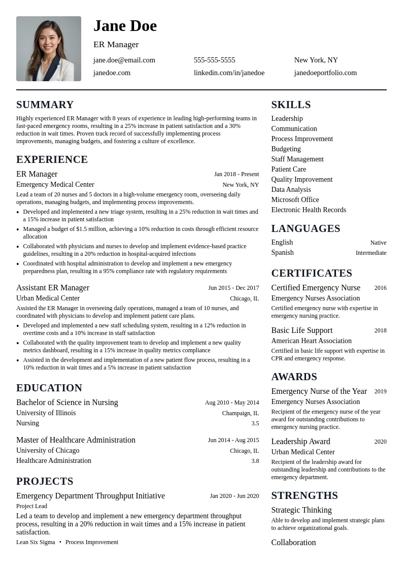 ER Manager resume example