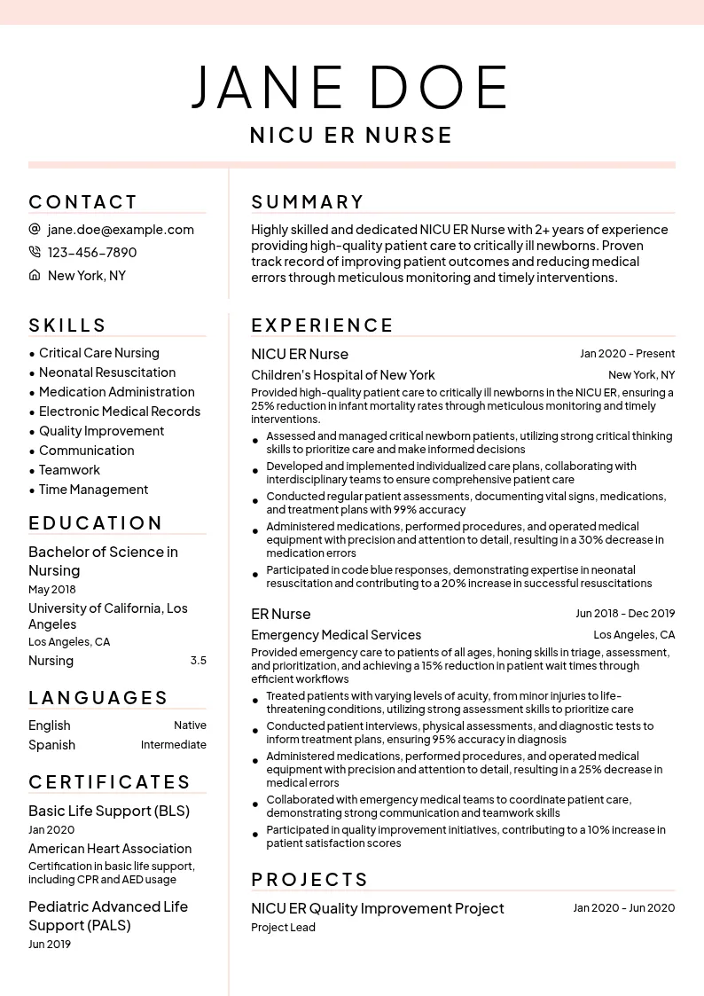 NICU ER Nurse resume example