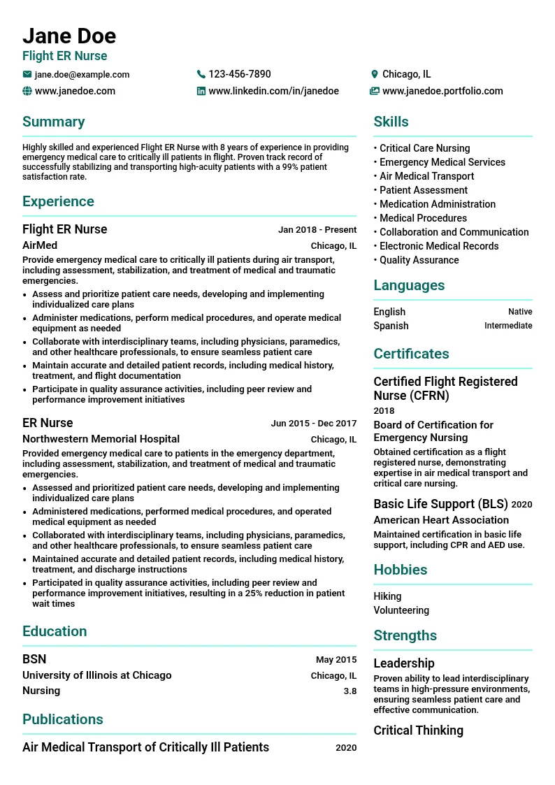 Flight ER Nurse resume example