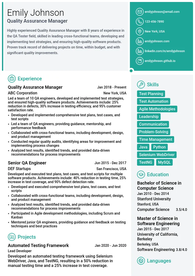 Quality Assurance Manager resume example