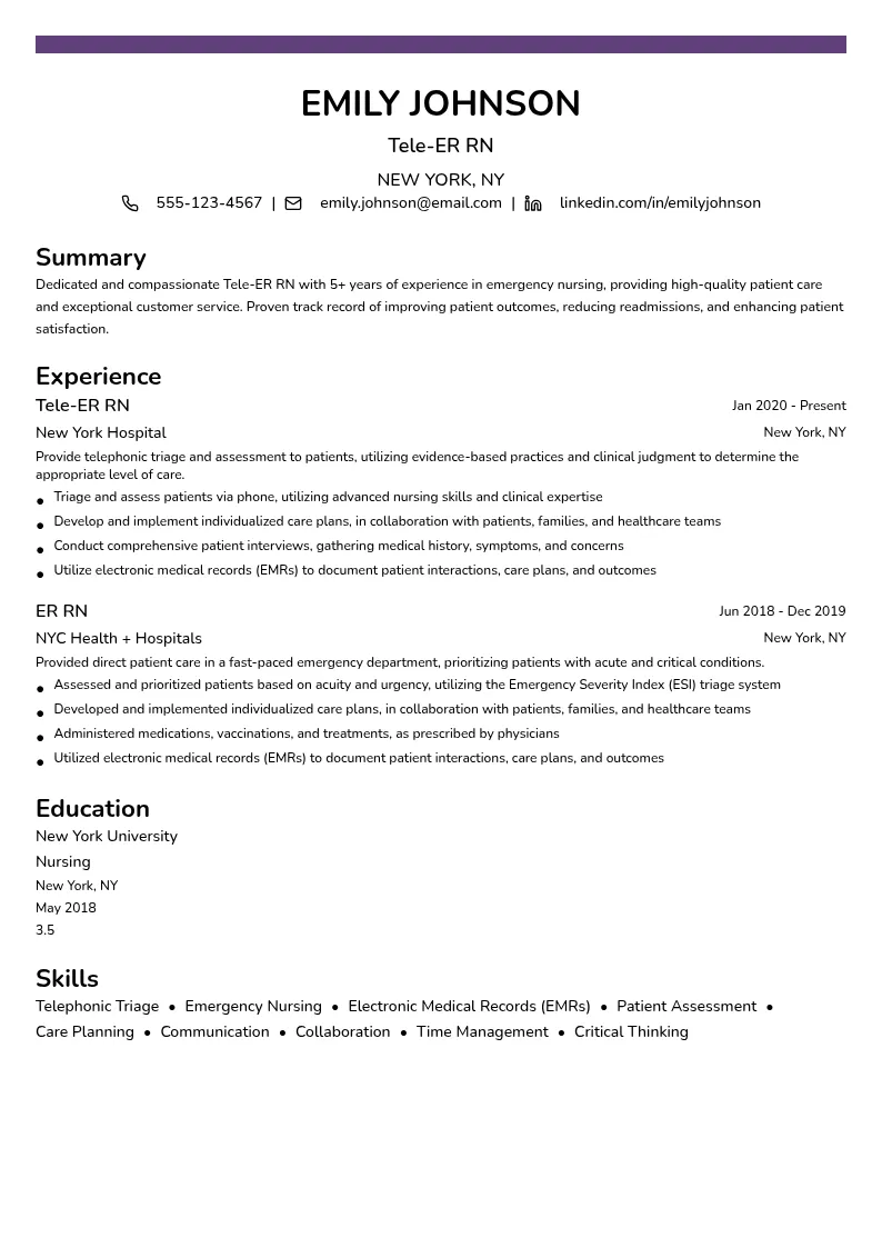 Tele-ER RN resume example