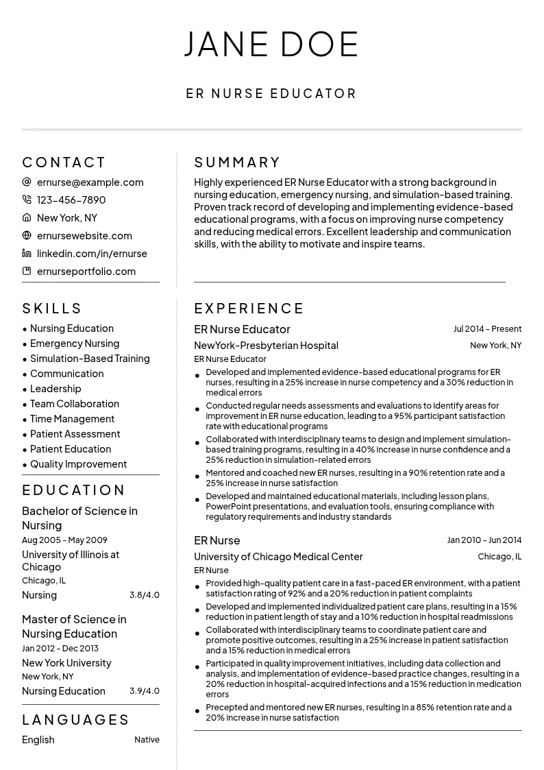 ER Nurse Educator resume example