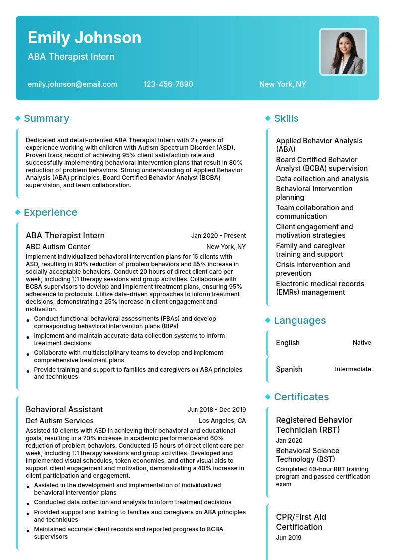 ABA Therapist Intern resume example