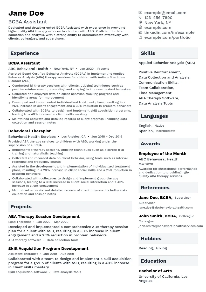 BCBA Assistant resume example