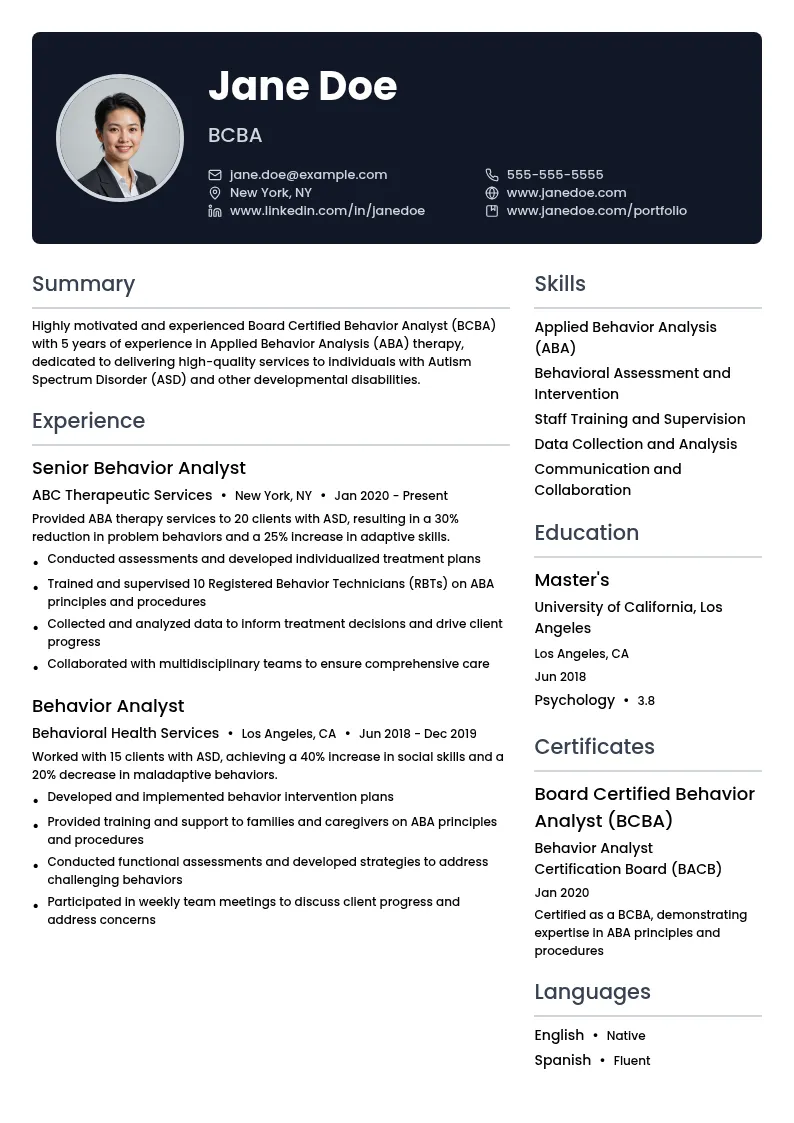 BCBA resume example