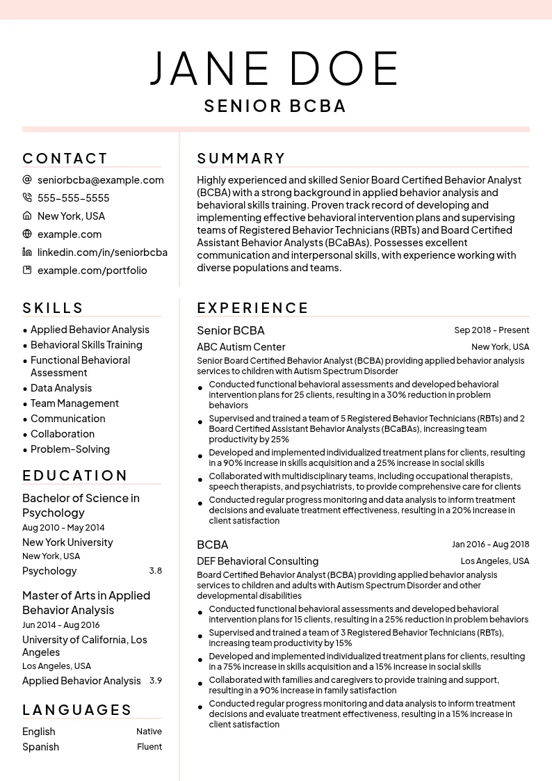 Senior BCBA resume example