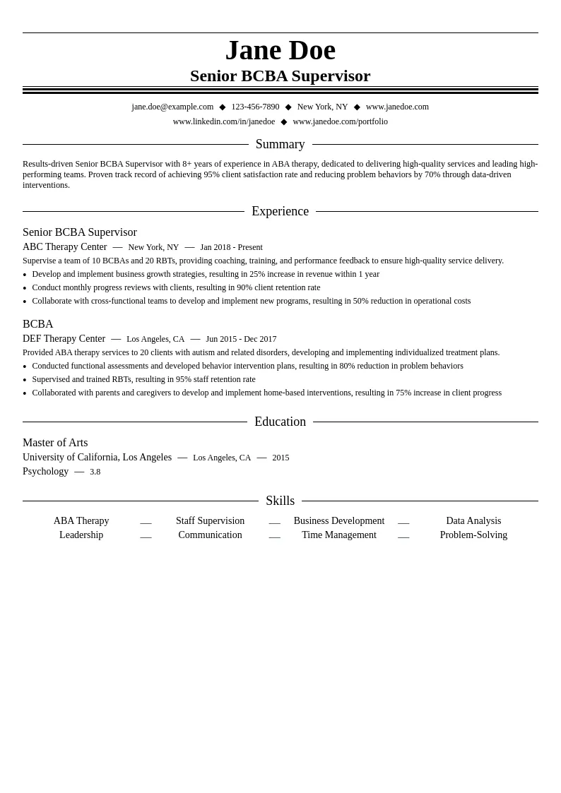 Senior BCBA Supervisor resume example