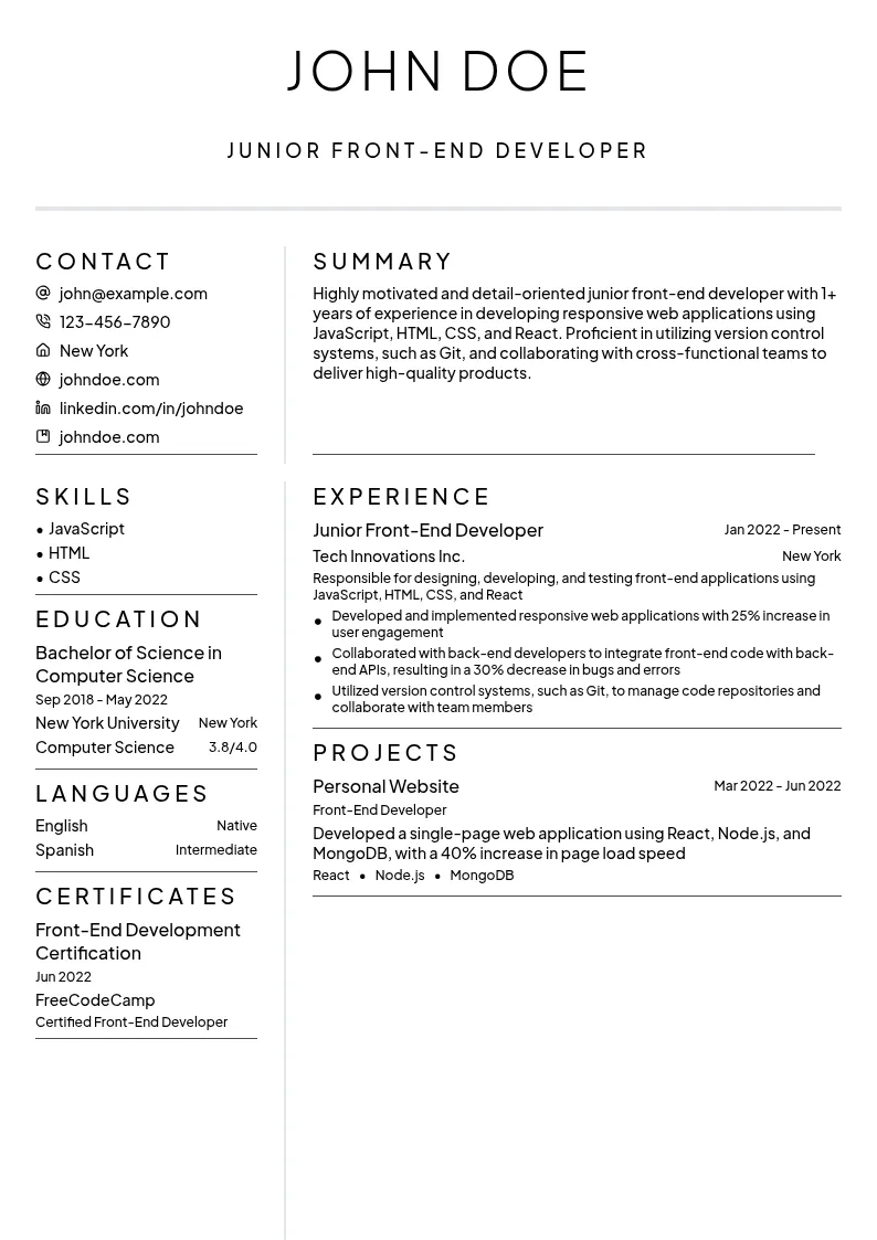 Junior Front-End Developer resume example
