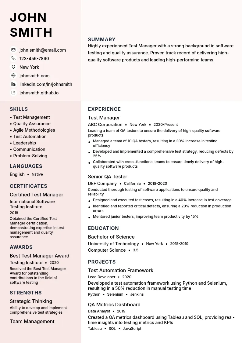Test Manager resume example