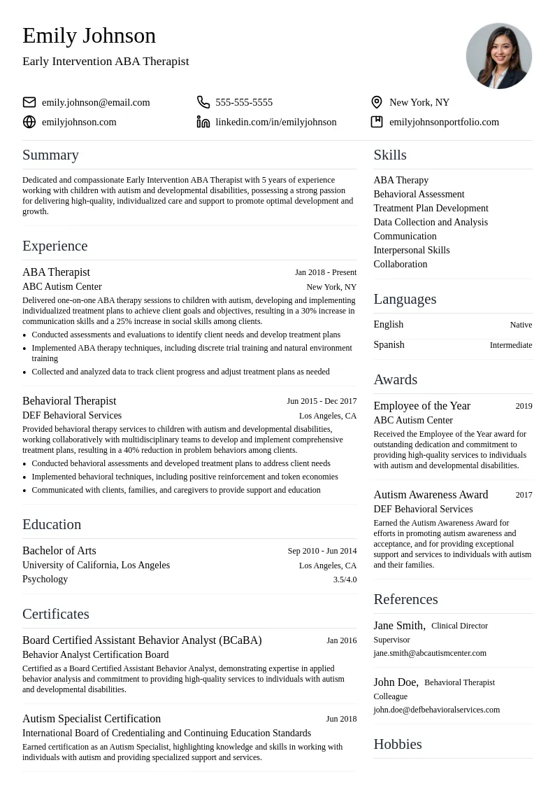 Early Intervention ABA Therapist resume example