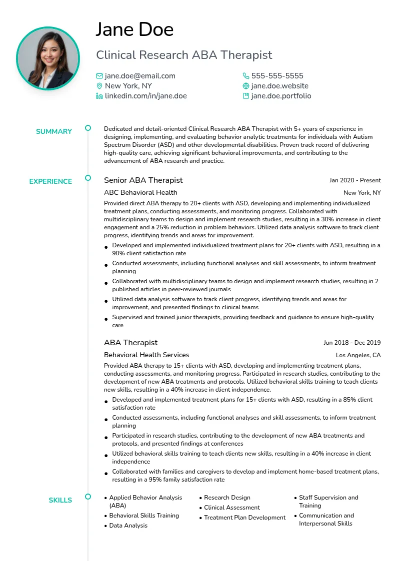 Clinical Research ABA Therapist resume example