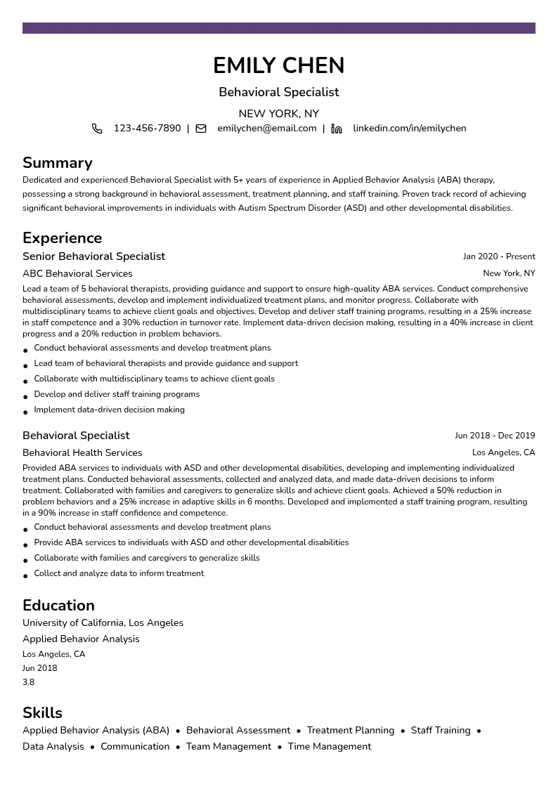 Behavioral Specialist resume example