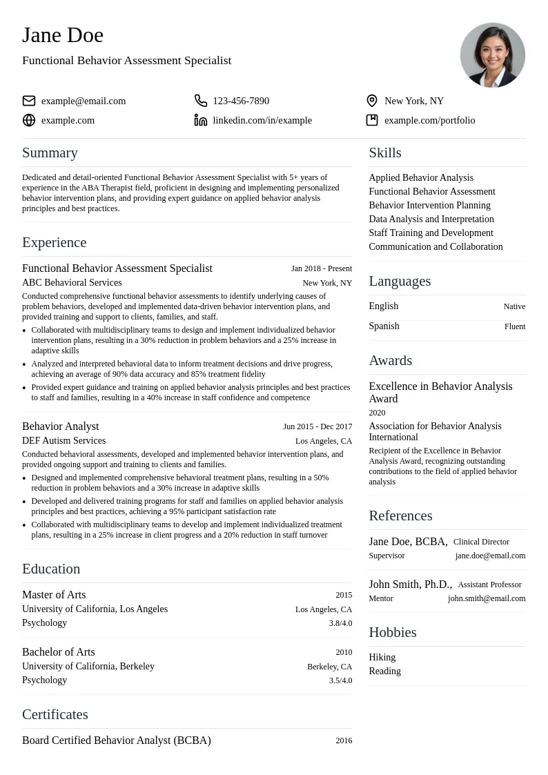 Functional Behavior Assessment Specialist resume example